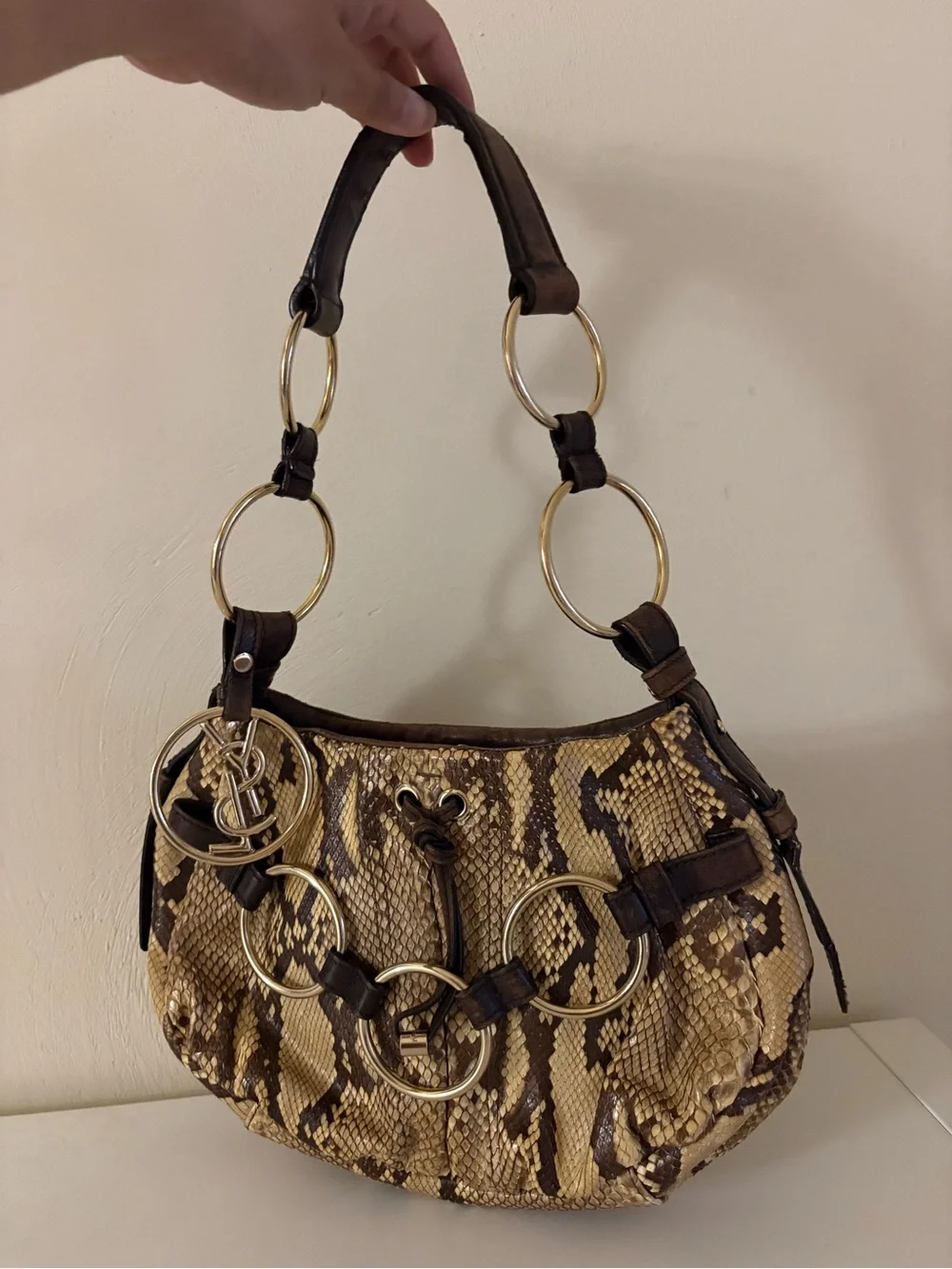Yves Saint Laurent Brown and Tan Snake-Print Hobo with Gold Rings